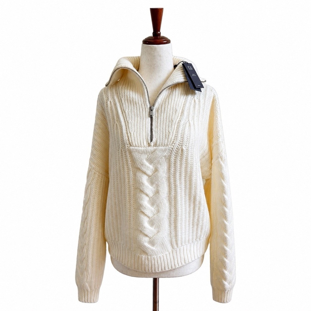 $275 NWT NAADAM Wool Cashmere Cable Knit Half Zip Sweater Cream Chunky Luxury S